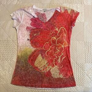 Y2K Cache red & orange floral top with beaded details